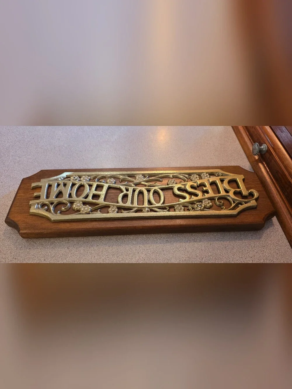 Vintage Bless Our Home Wall Sign with Gold Script on Wooden Plaque